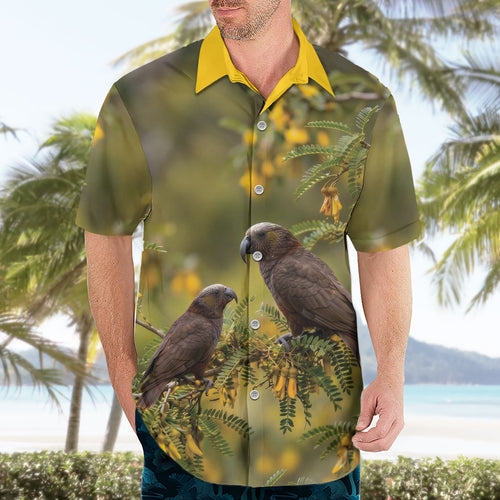 New Zealand Kaka Bird Hawaiian Shirt Kowhai Flower Landscape Style