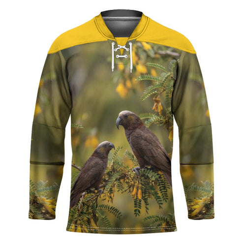 New Zealand Kaka Bird Hockey Jersey Kowhai Flower Landscape Style