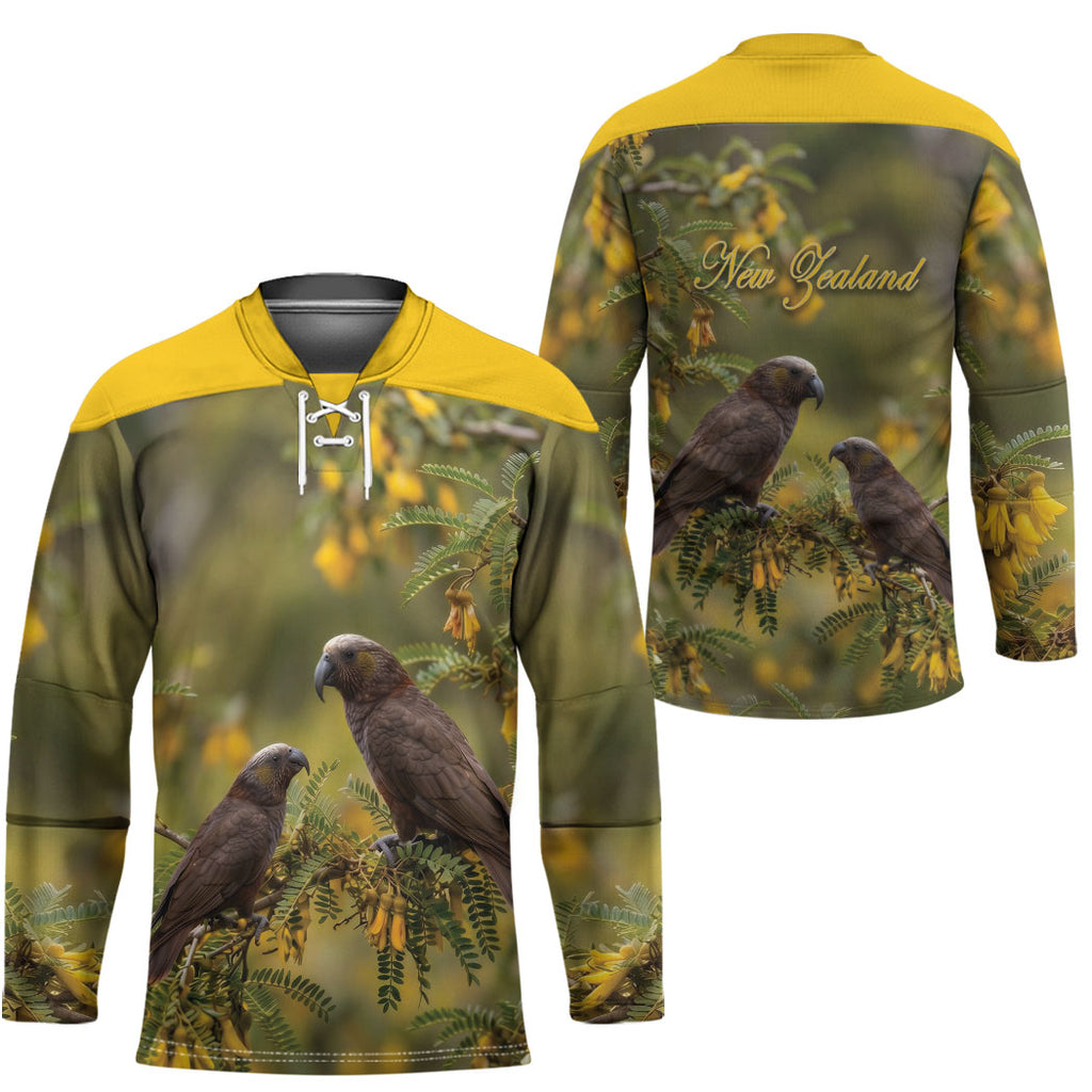 New Zealand Kaka Bird Hockey Jersey Kowhai Flower Landscape Style