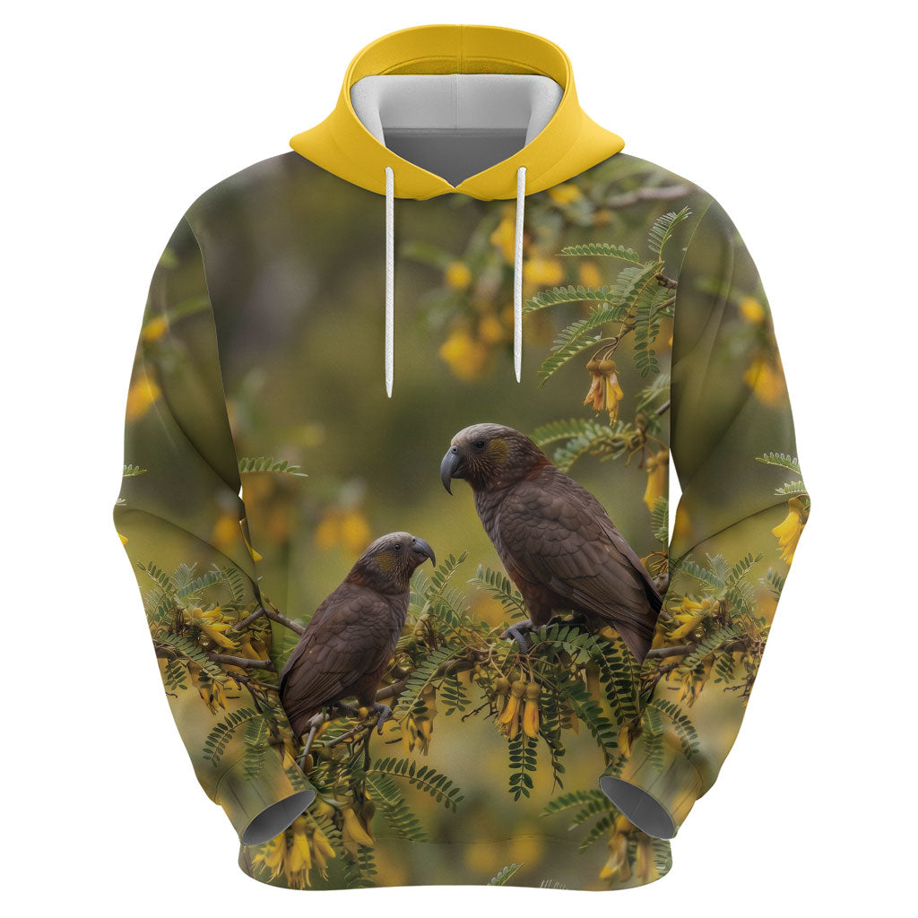 New Zealand Kaka Bird Hoodie Kowhai Flower Landscape Style