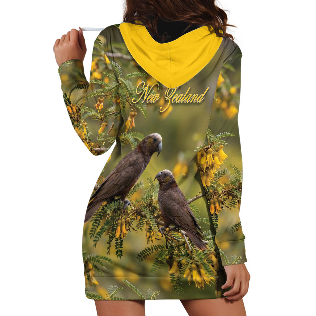 New Zealand Kaka Bird Hoodie Dress Kowhai Flower Landscape Style