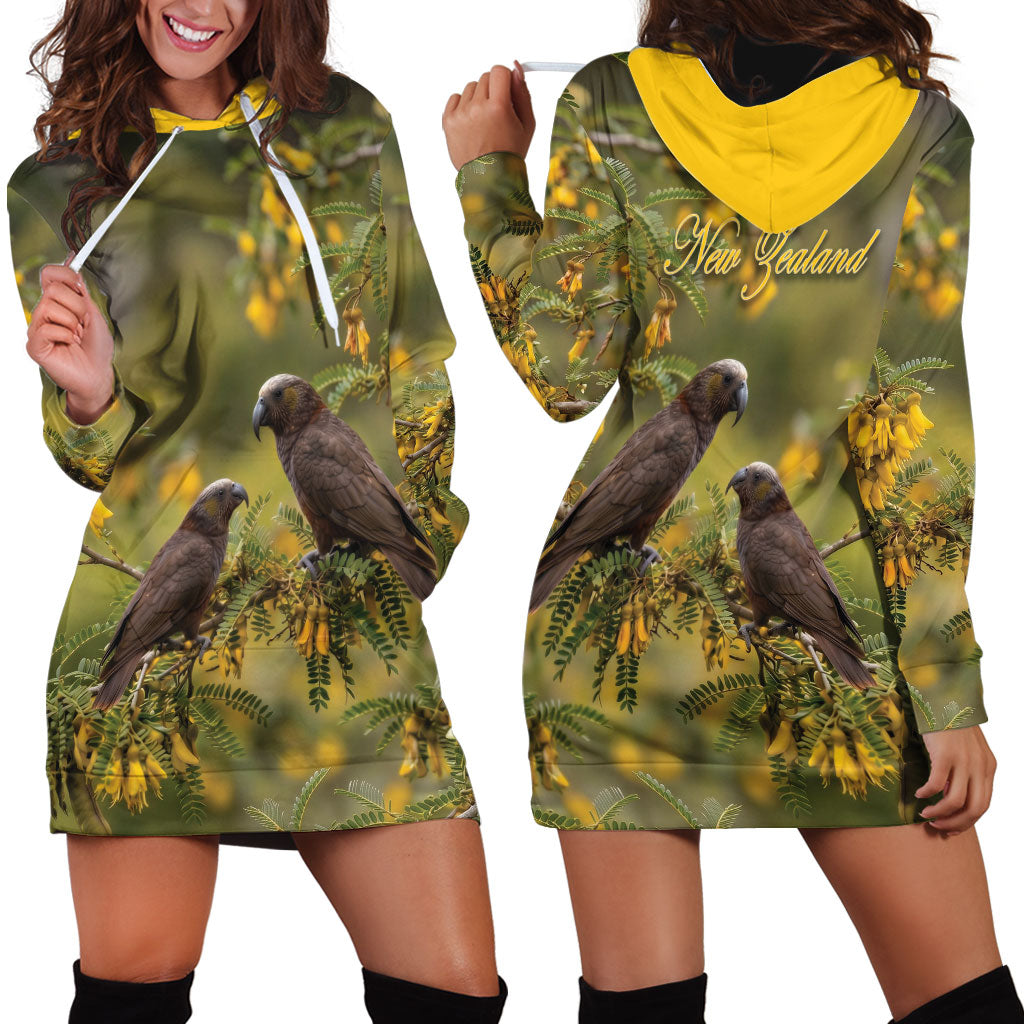 New Zealand Kaka Bird Hoodie Dress Kowhai Flower Landscape Style