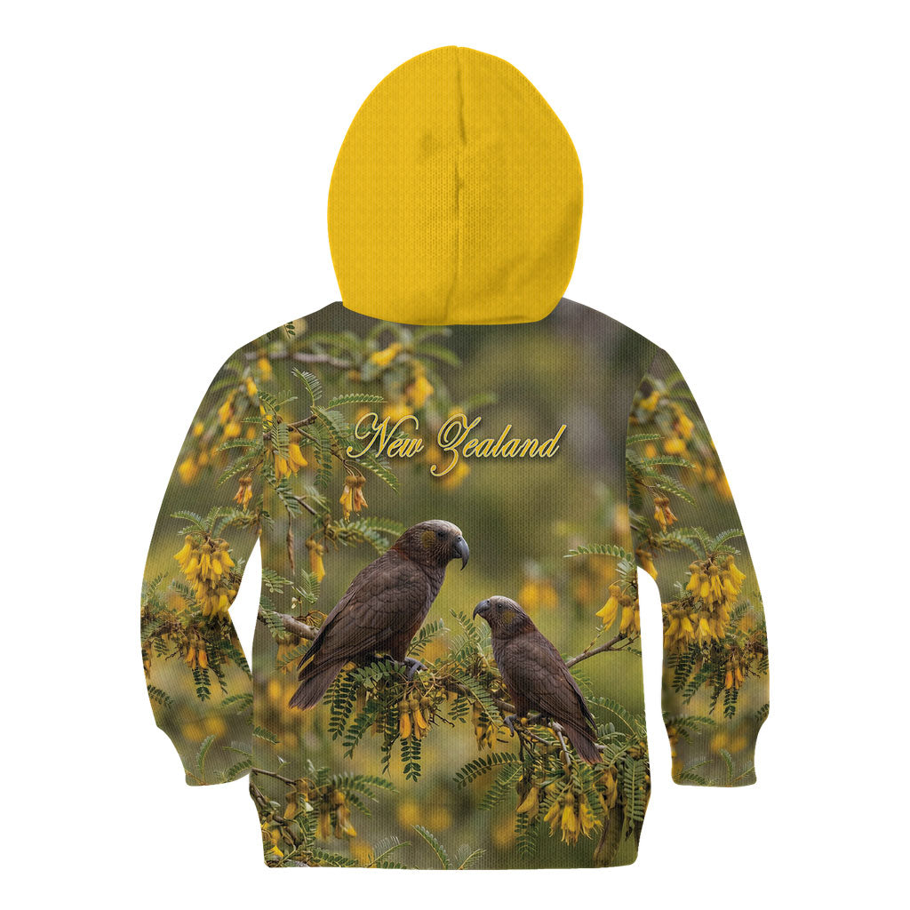 New Zealand Kaka Bird Kid Hoodie Kowhai Flower Landscape Style
