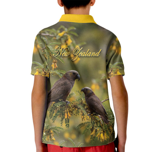 New Zealand Kaka Bird Kid Polo Shirt Kowhai Flower Landscape Style