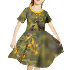 New Zealand Kaka Bird Kid Short Sleeve Dress Kowhai Flower Landscape Style