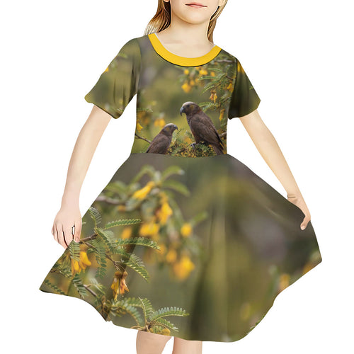 New Zealand Kaka Bird Kid Short Sleeve Dress Kowhai Flower Landscape Style