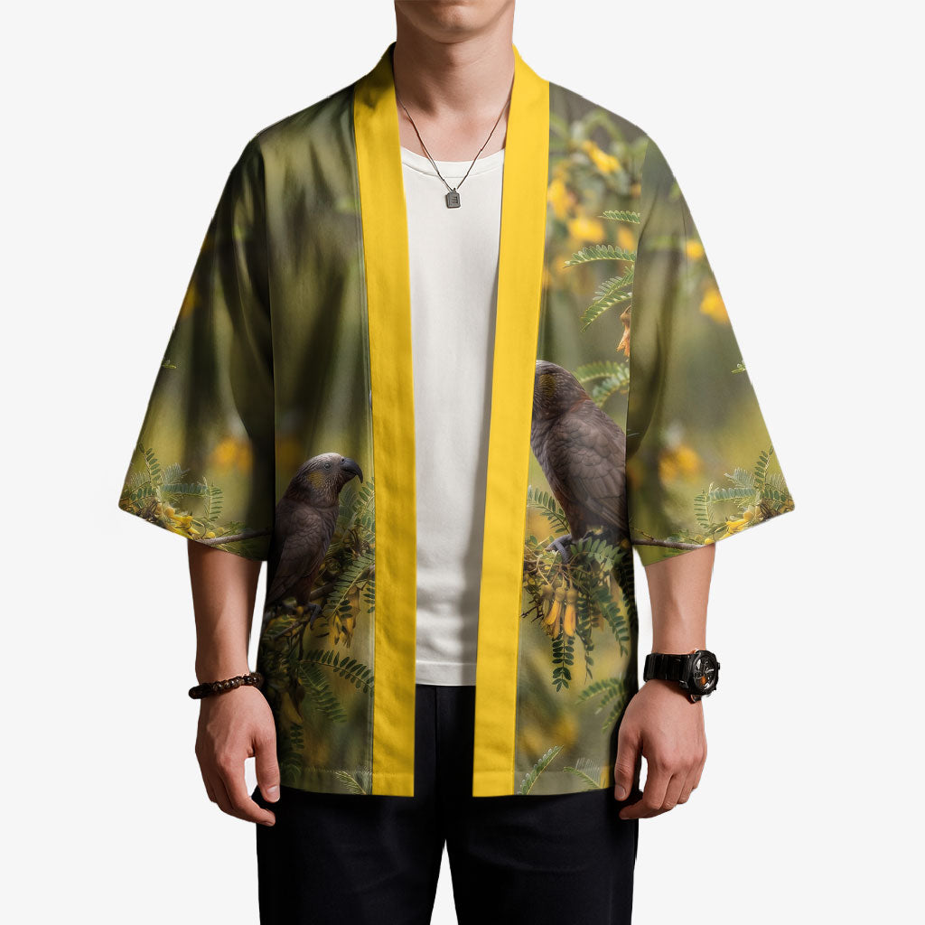 New Zealand Kaka Bird Kimono Kowhai Flower Landscape Style