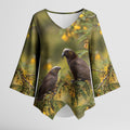 New Zealand Kaka Bird Kimono Sleeve Blouse Kowhai Flower Landscape Style