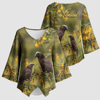New Zealand Kaka Bird Kimono Sleeve Blouse Kowhai Flower Landscape Style