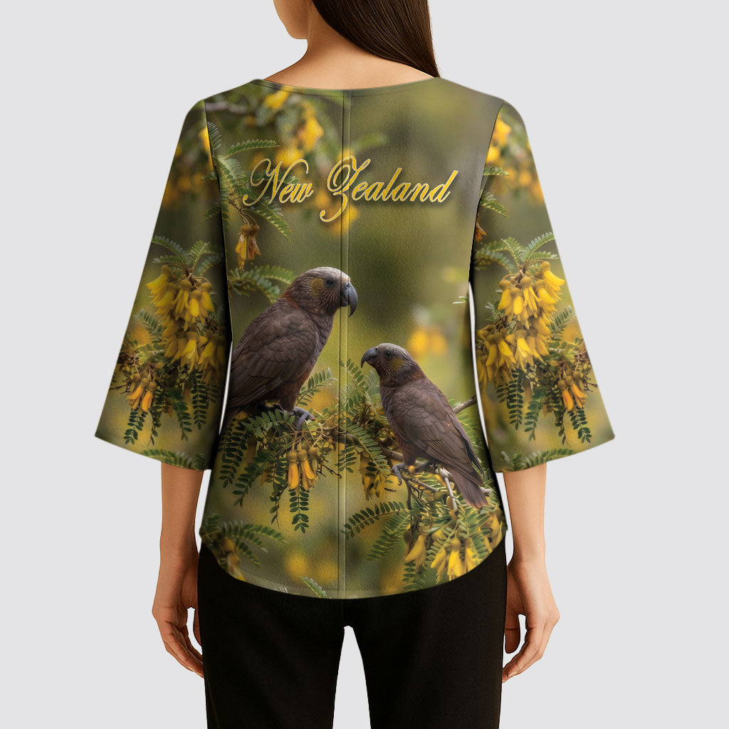 New Zealand Kaka Bird Kimono Sleeve Blouse Kowhai Flower Landscape Style