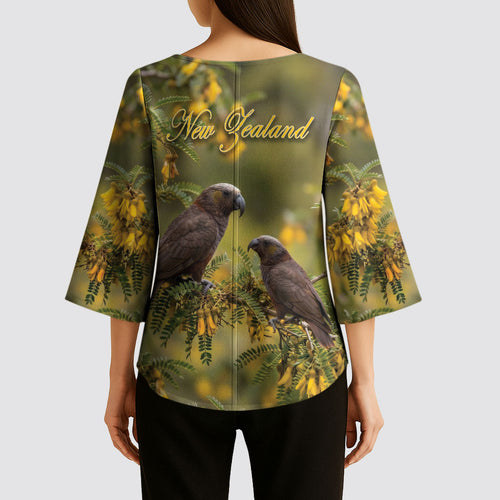 New Zealand Kaka Bird Kimono Sleeve Blouse Kowhai Flower Landscape Style
