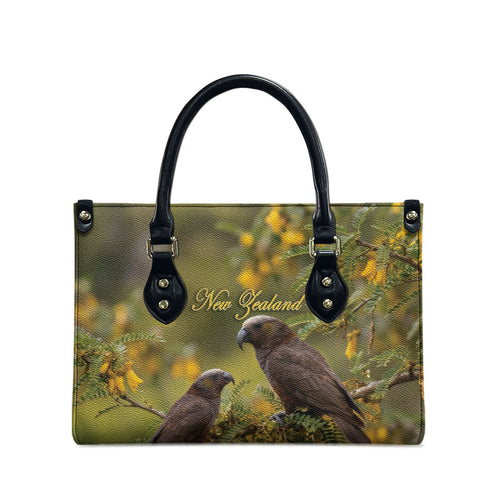 New Zealand Kaka Bird Leather Bag Kowhai Flower Landscape Style