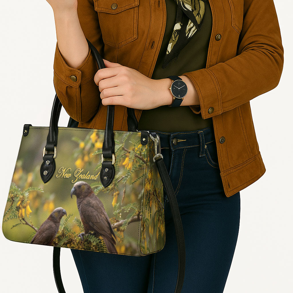 New Zealand Kaka Bird Leather Bag Kowhai Flower Landscape Style
