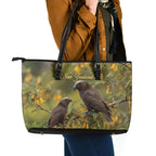 New Zealand Kaka Bird Leather Tote Bag Kowhai Flower Landscape Style