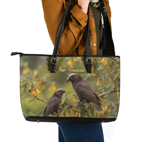 New Zealand Kaka Bird Leather Tote Bag Kowhai Flower Landscape Style