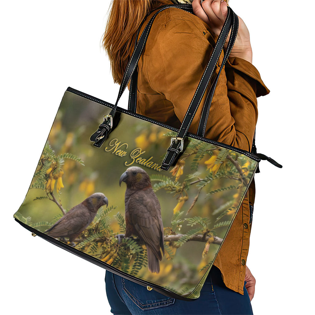 New Zealand Kaka Bird Leather Tote Bag Kowhai Flower Landscape Style