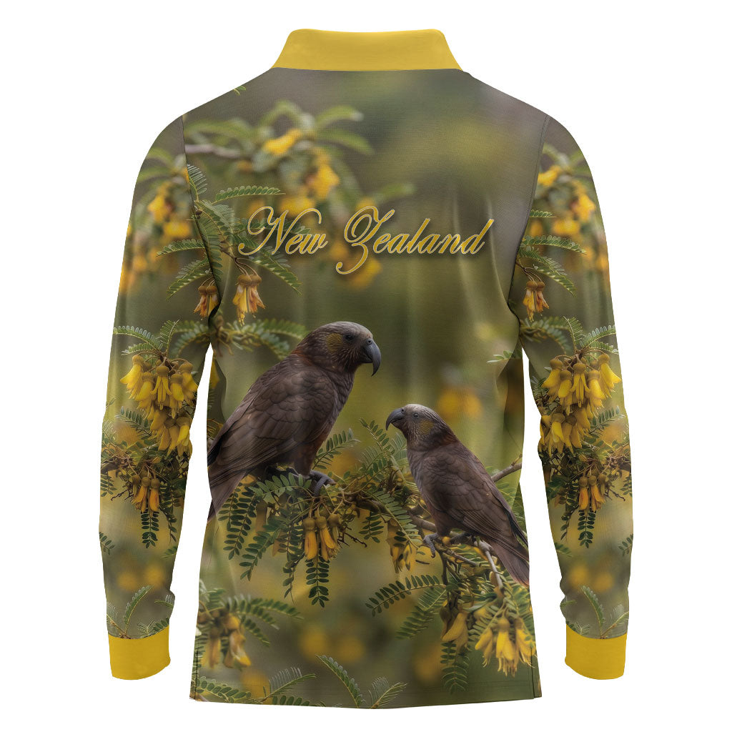 New Zealand Kaka Bird Long Sleeve Polo Shirt Kowhai Flower Landscape Style