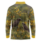 New Zealand Kaka Bird Long Sleeve Polo Shirt Kowhai Flower Landscape Style