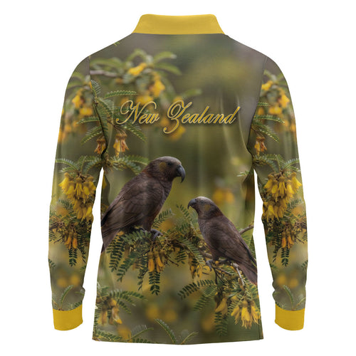 New Zealand Kaka Bird Long Sleeve Polo Shirt Kowhai Flower Landscape Style
