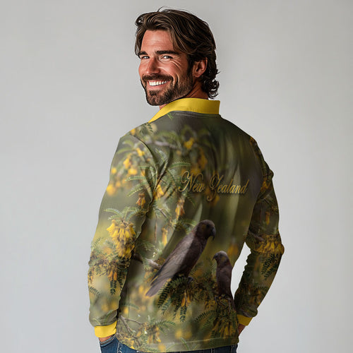 New Zealand Kaka Bird Long Sleeve Polo Shirt Kowhai Flower Landscape Style