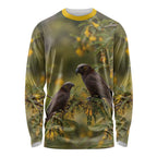 New Zealand Kaka Bird Long Sleeve Shirt Kowhai Flower Landscape Style