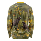 New Zealand Kaka Bird Long Sleeve Shirt Kowhai Flower Landscape Style