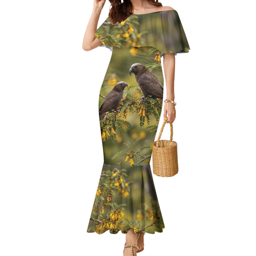 New Zealand Kaka Bird Mermaid Dress Kowhai Flower Landscape Style