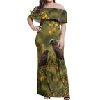 New Zealand Kaka Bird Off Shoulder Maxi Dress Kowhai Flower Landscape Style