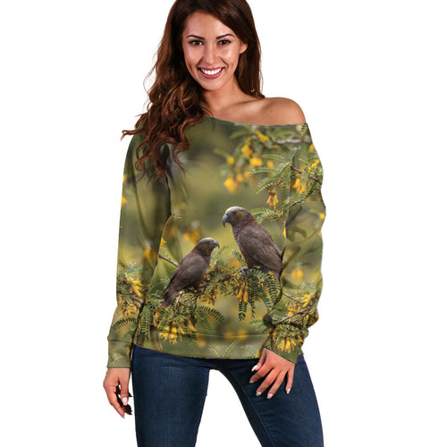 New Zealand Kaka Bird Off Shoulder Sweater Kowhai Flower Landscape Style