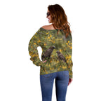 New Zealand Kaka Bird Off Shoulder Sweater Kowhai Flower Landscape Style