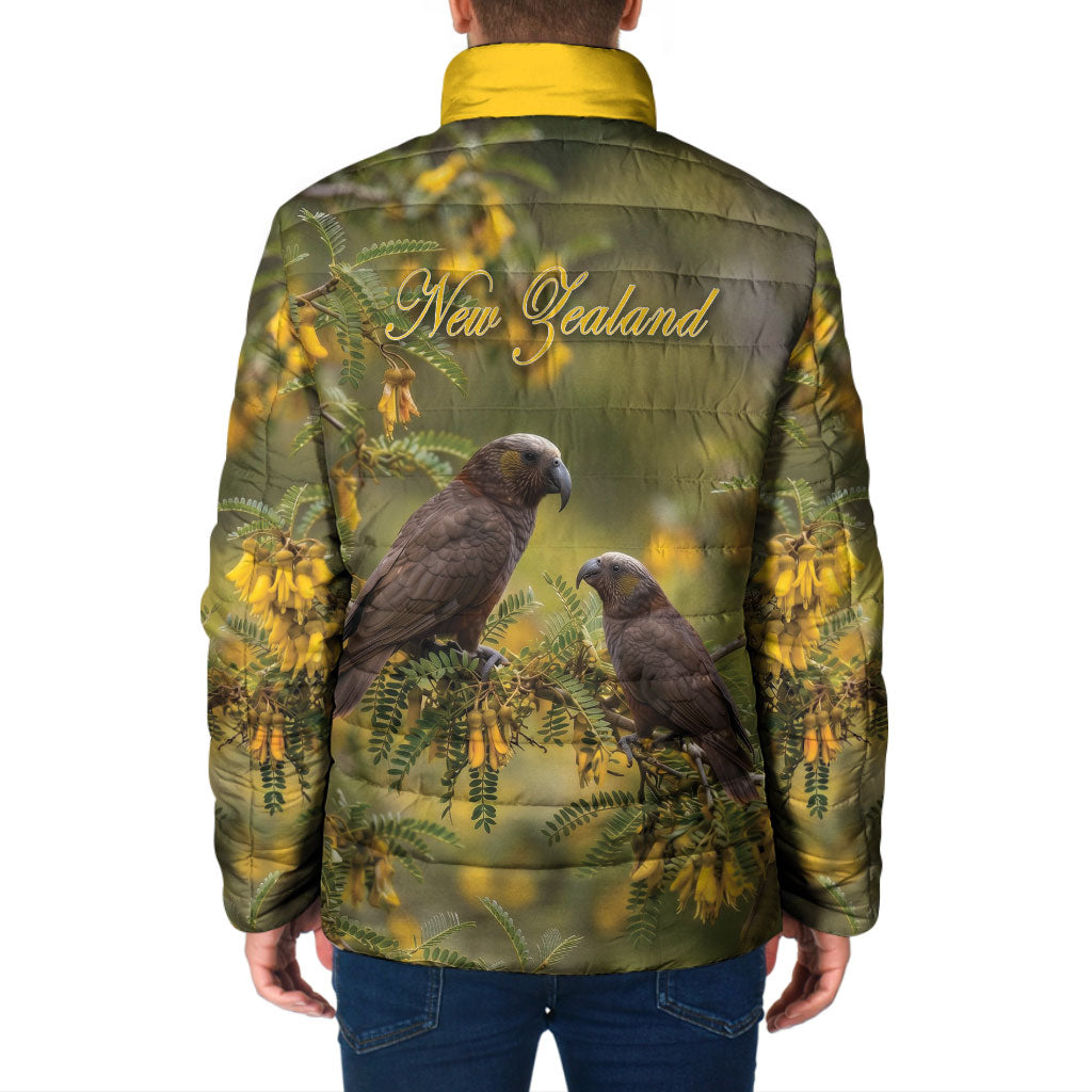 New Zealand Kaka Bird Padded Jacket Kowhai Flower Landscape Style