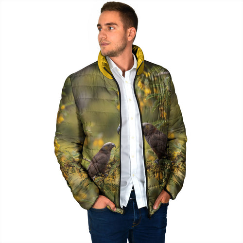 New Zealand Kaka Bird Padded Jacket Kowhai Flower Landscape Style