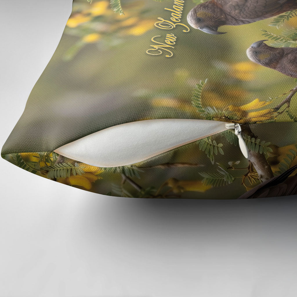 New Zealand Kaka Bird Pillow Cover Kowhai Flower Landscape Style