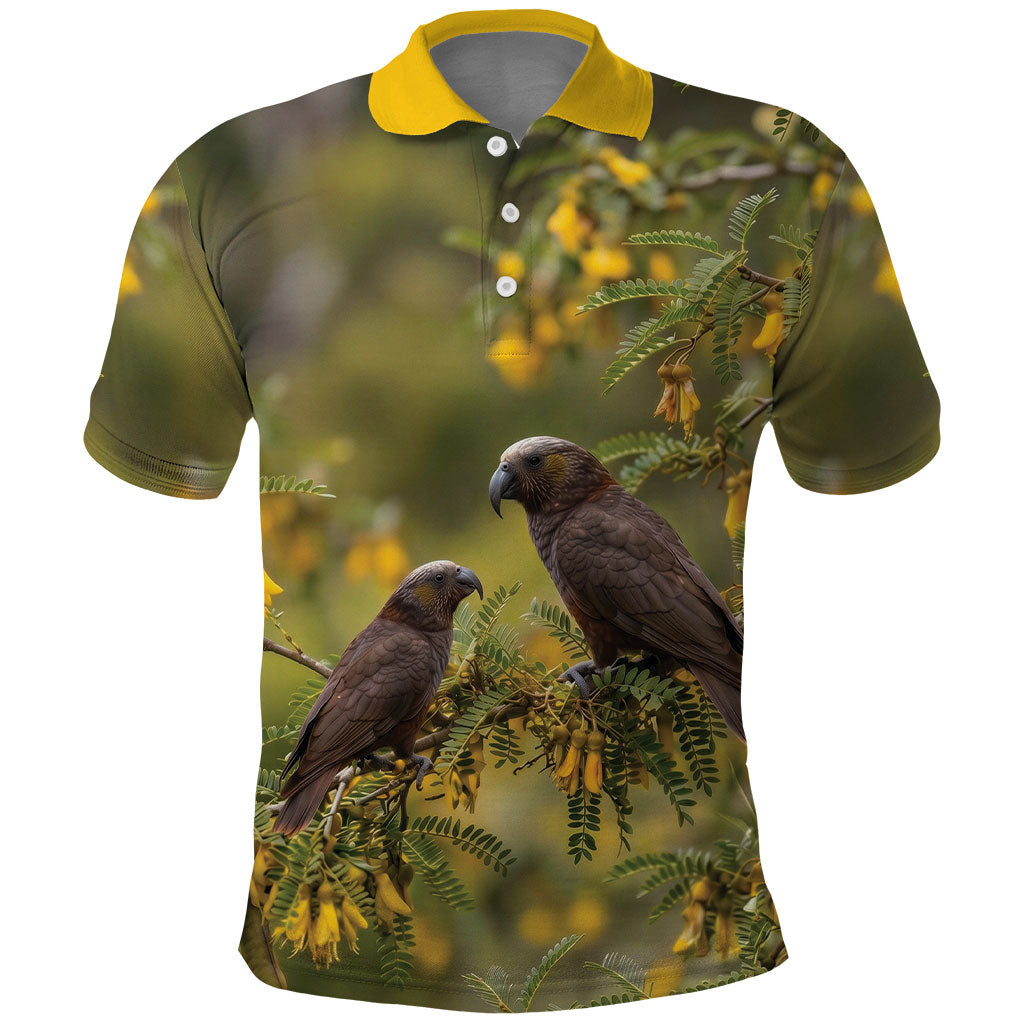 New Zealand Kaka Bird Polo Shirt Kowhai Flower Landscape Style