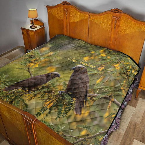 New Zealand Kaka Bird Quilt Kowhai Flower Landscape Style