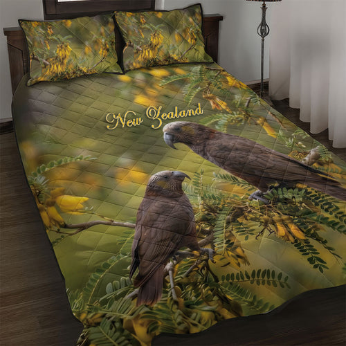 New Zealand Kaka Bird Quilt Bed Set Kowhai Flower Landscape Style