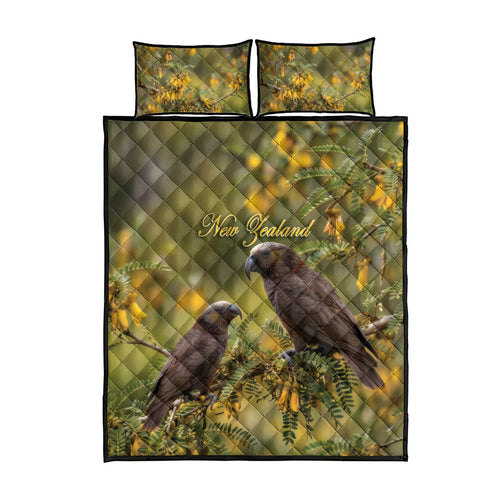 New Zealand Kaka Bird Quilt Bed Set Kowhai Flower Landscape Style