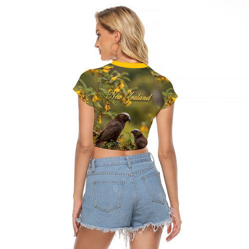 New Zealand Kaka Bird Raglan Cropped T Shirt Kowhai Flower Landscape Style