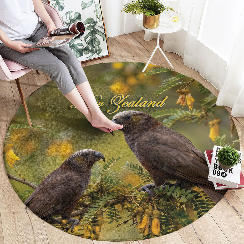 New Zealand Kaka Bird Round Carpet Kowhai Flower Landscape Style