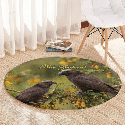 New Zealand Kaka Bird Round Carpet Kowhai Flower Landscape Style