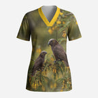 New Zealand Kaka Bird Scrub Top Kowhai Flower Landscape Style