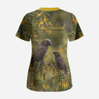 New Zealand Kaka Bird Scrub Top Kowhai Flower Landscape Style