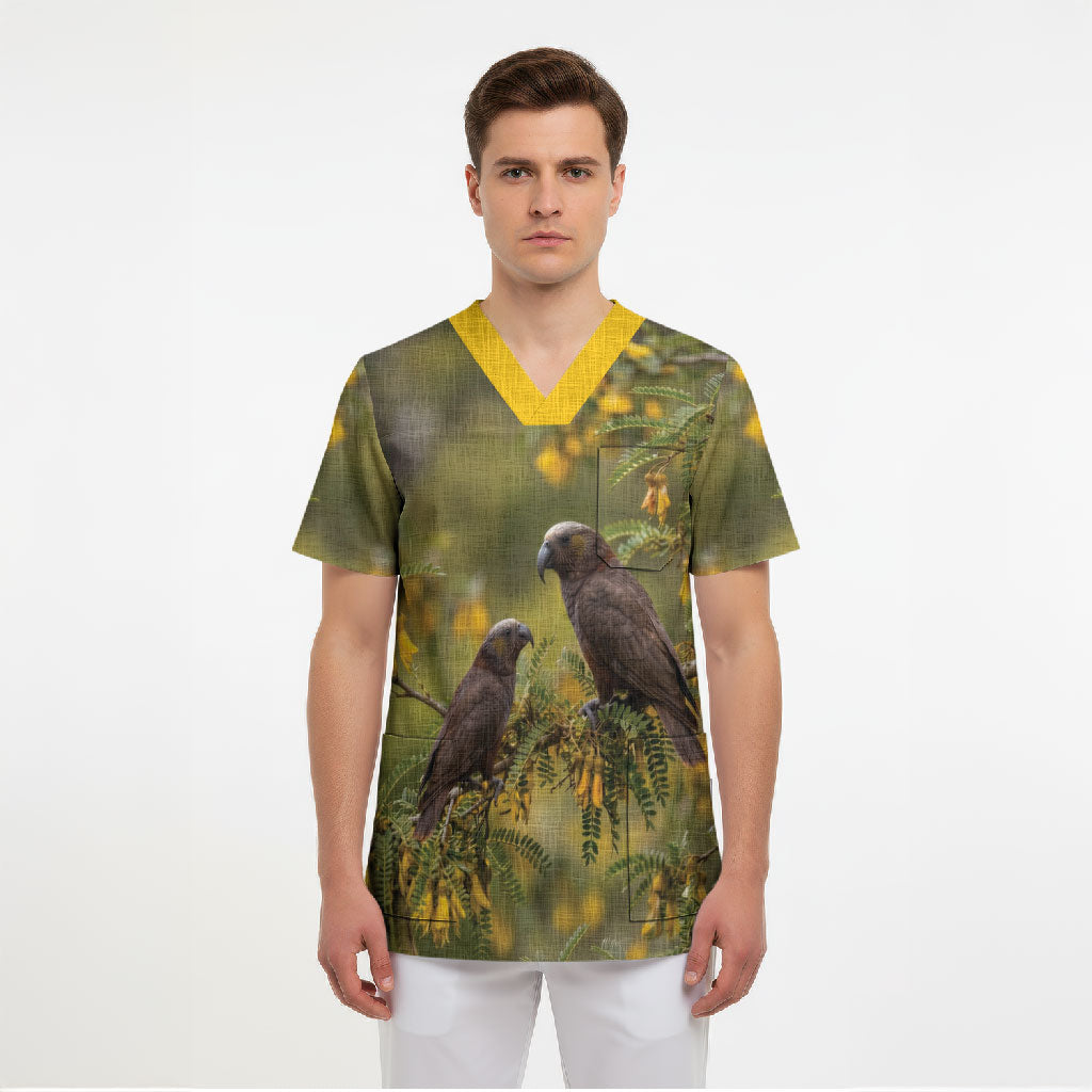 New Zealand Kaka Bird Scrub Top Kowhai Flower Landscape Style
