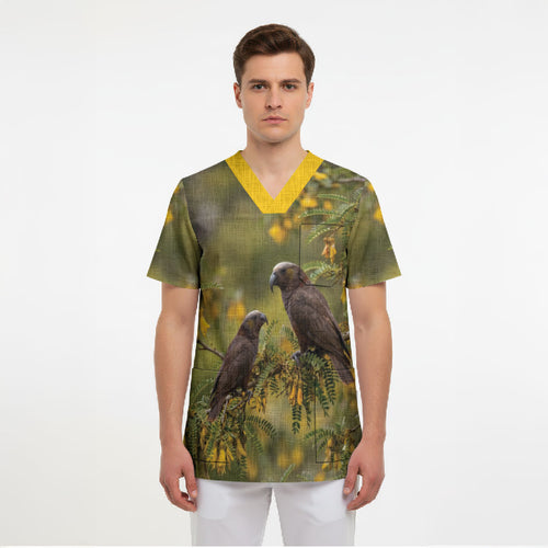 New Zealand Kaka Bird Scrub Top Kowhai Flower Landscape Style