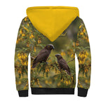 New Zealand Kaka Bird Sherpa Hoodie Kowhai Flower Landscape Style