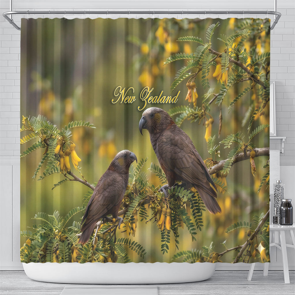 New Zealand Kaka Bird Shower Curtain Kowhai Flower Landscape Style