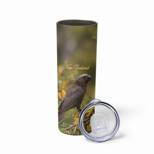 New Zealand Kaka Bird Skinny Tumbler Kowhai Flower Landscape Style