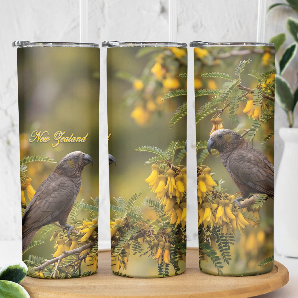 New Zealand Kaka Bird Skinny Tumbler Kowhai Flower Landscape Style