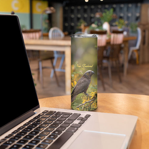 New Zealand Kaka Bird Skinny Tumbler Kowhai Flower Landscape Style