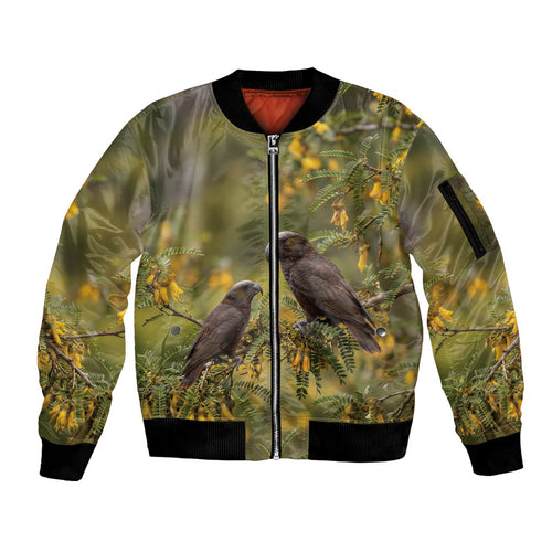 New Zealand Kaka Bird Sleeve Zip Bomber Jacket Kowhai Flower Landscape Style